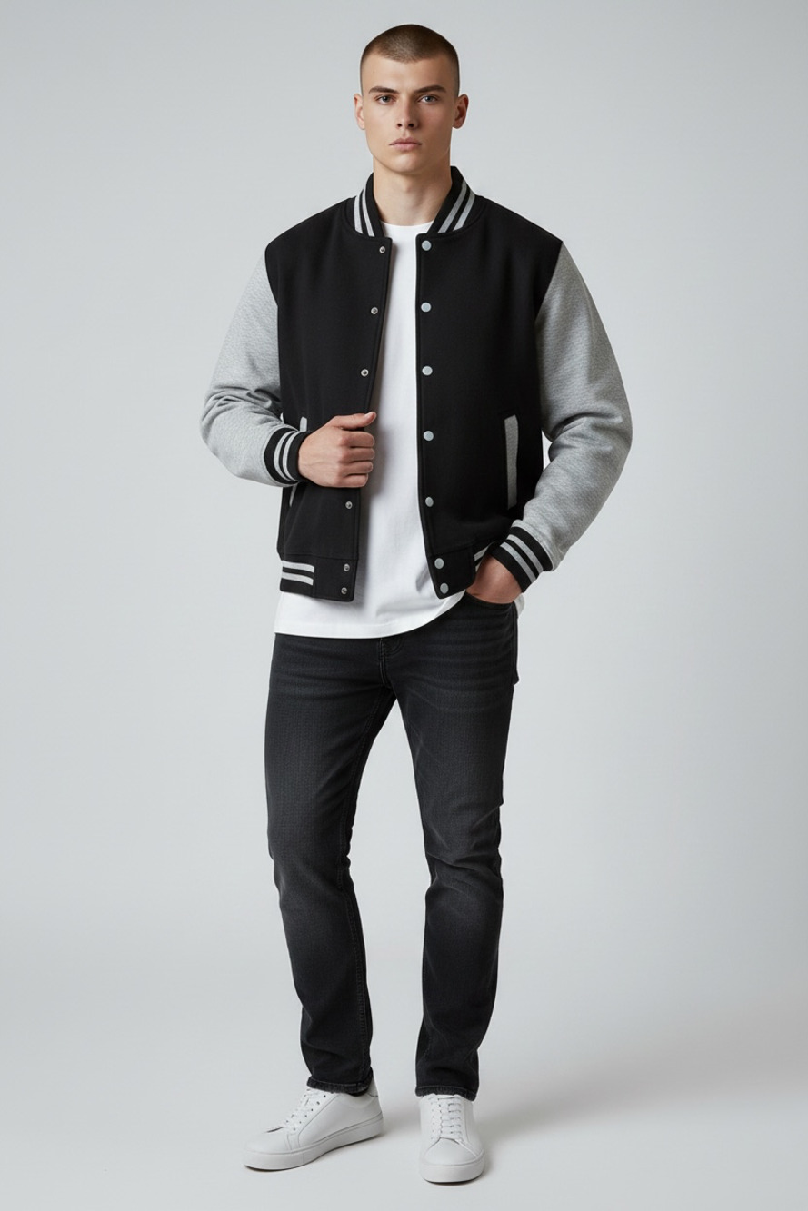 Pro Club Men's Varsity Heavyweight Fleece Baseball Jacket Black Heather Gray Sma